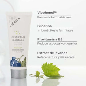Cremă de mâini Viorica, ambalaj alb cu ilustrații vii, ingrediente naturale și beneficii incluse.