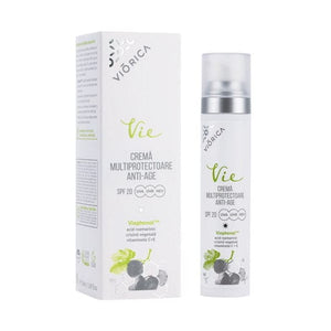 Crema multiprotectoare anti-age SPF20 Viorica Vie, albă cu design modern, cutie și recipient elegant.