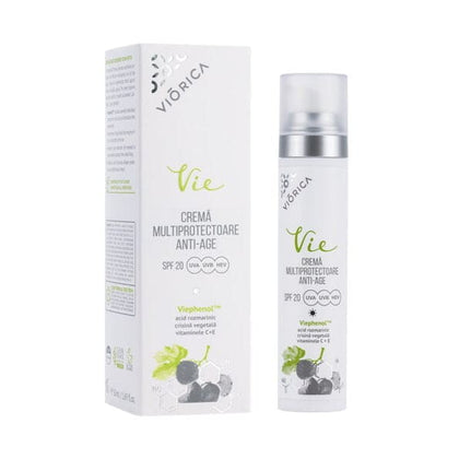 Crema multiprotectoare anti-age SPF20 Viorica Vie, albă cu design modern, cutie și recipient elegant.