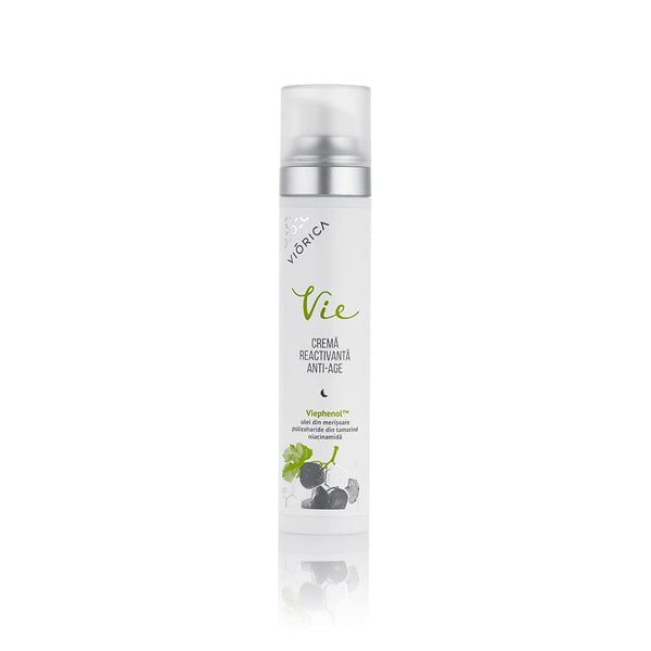 Cremă reactivantă anti-age Viorica Vie în ambalaj alb cu detalii verzi, cu extract Viephenol.