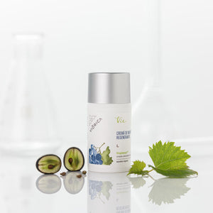 Cremă regenerantă de noapte, capac argintiu, extract de struguri, frunză verde, prezentare elegantă.