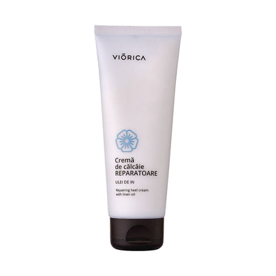 Cremă reparatoare călcâie Viorica, tub alb cu capac negru, ulei de in.