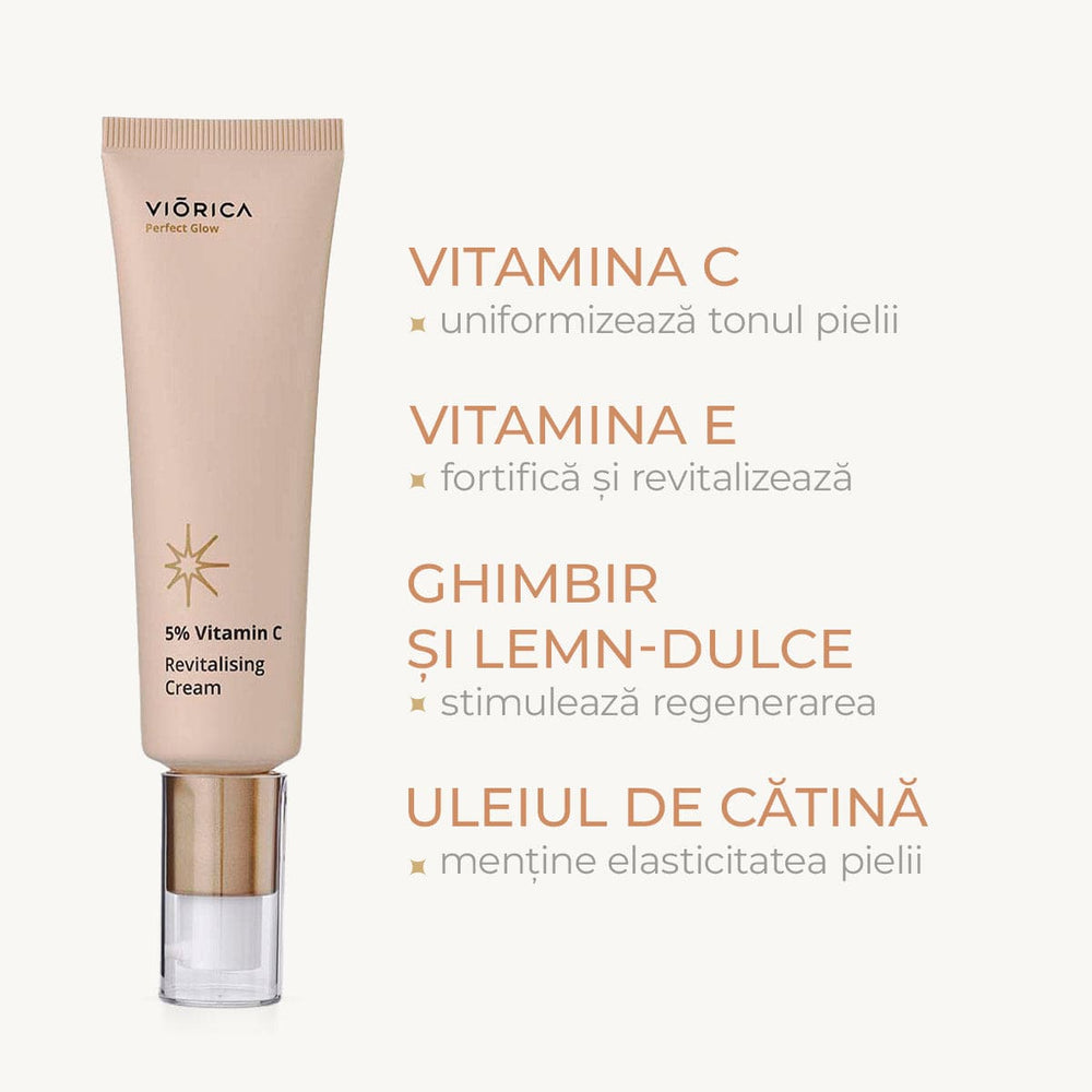Cremă revitalizantă 5% Vitamina C Perfect Glow, tub bej, capac auriu transparent.