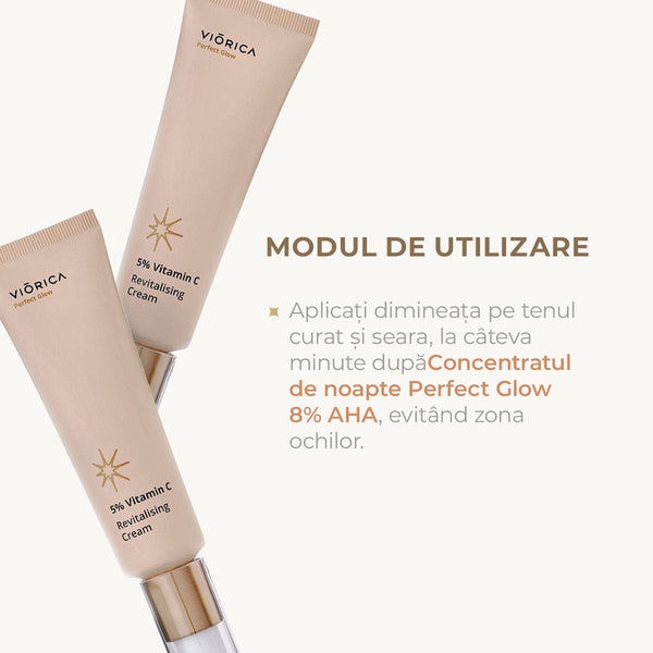 Cremă revitalizantă 5% Vitamina C, Perfect Glow, ambalaj crem deschis cu detalii aurii.