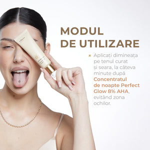 Cremă revitalizantă 5% Vitamina C, ambalaj auriu elegant, detalii textură fină.