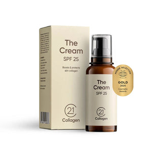 Crema de Zi Anti-Rid 21Collagen SPF 25, flacon maroniu cu pompă, cutie bej, etichetă premiu.