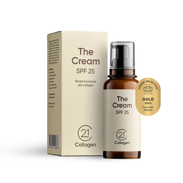 Crema de Zi Anti-Rid 21Collagen SPF 25, flacon maroniu cu pompă, cutie bej, etichetă premiu.