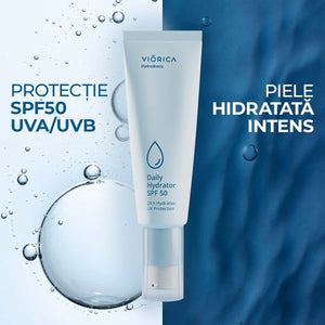 Cremă de zi HydroBiotic cu SPF 50 anti-UV, textură ușoară, ambalaj albastru elegant.