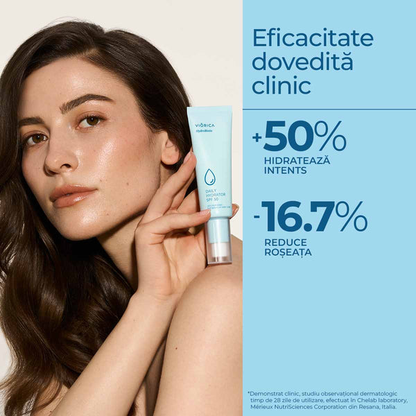 Cremă de zi HydroBiotic SPF 50, textură hidratantă, flacon albastru, rezultate clinice vizibile pe piele.
