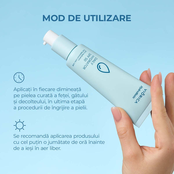 Tub cremă HydroBiotic SPF 50, albastru deschis, ținut în mână, textură ușoară, protecție solară.