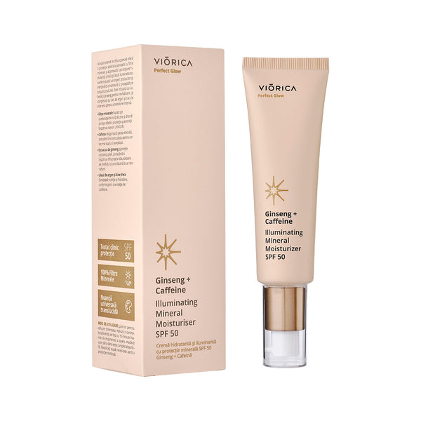 Cremă hidratantă și iluminantă cu protecție minerală SPF 50 Ginseng + Cafeină, Perfect Glow - Viorica Cosmetic MD