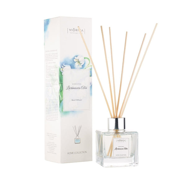 Difuzor parfum lemn, sticlă transparentă, „Elixir Floral Lăcrămioara Albă”, cutie elegantă decorată.