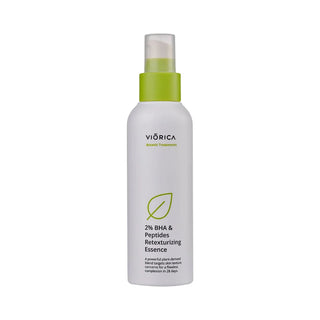 Esenţă retexturizantă cu peptide, sticlă albă, capac verde, design minimalist.