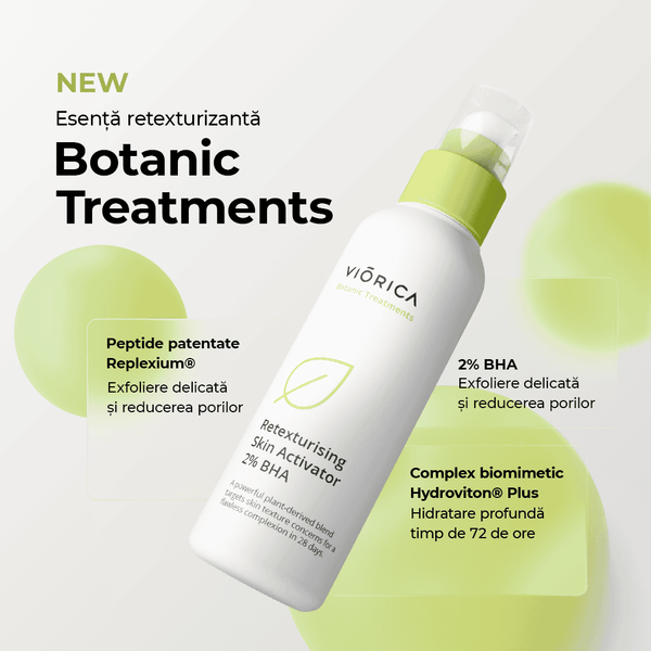 Sticlă albă cu esență retexturizantă pe bază de peptide și 2% BHA, capac verde, marcă Botanic Treatments.