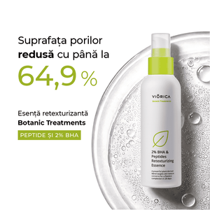 Esentă retexturizantă cu peptide, 2% BHA, sticlă albă, capac verde, textură lichidă.