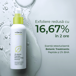 Sticlă albă cu esență retexturizantă 2% BHA și peptide, capac verde, textură lichidă clară.