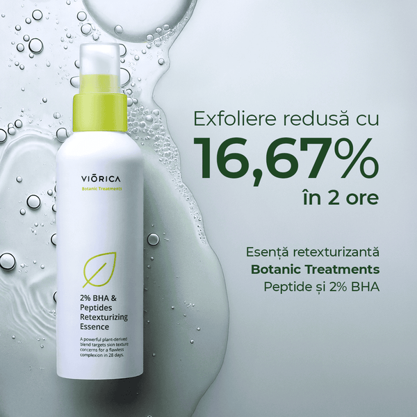 Sticlă albă cu esență retexturizantă 2% BHA și peptide, capac verde, textură lichidă clară.