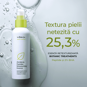 Esență retexturizantă cu peptide, 2% BHA, sticlă albă, capac verde, formulă botanică eficientă.
