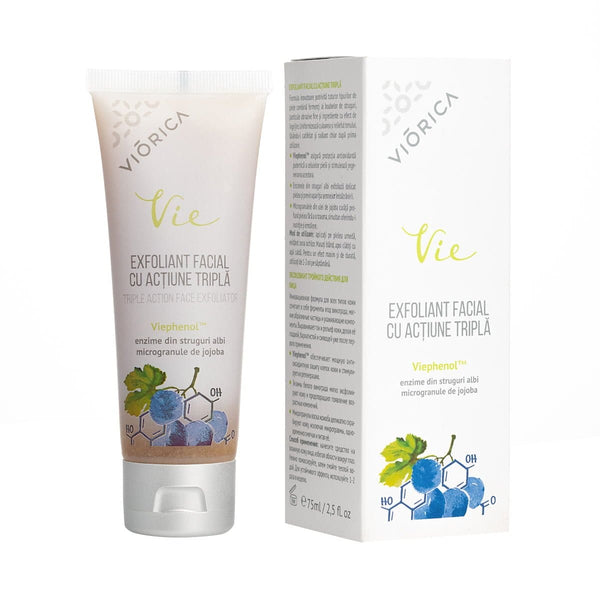 Exfoliant facial cu microgranule de jojoba și enzime din struguri, tub 75ml, ambalaj alb și crem.