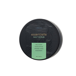 Exfoliant cu sare Viorica Essentielle, capac negru, etichetă verde, 250g.
