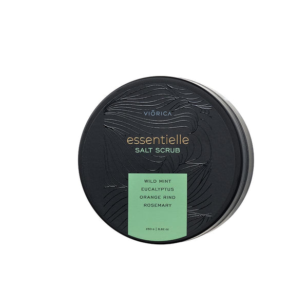 Exfoliant cu sare Viorica Essentielle, capac negru, etichetă verde, 250g.