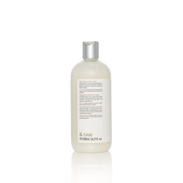 Detaliu spate sticlă gel-cremă de duș Nutritiv, 500ml, capac argintiu, etichetă albă.