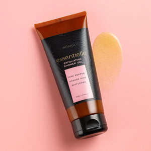 Gel de duș exfoliant Viorica Essentielle cu piper roz, coajă de portocală, 200 ml, ambalaj maro și negru.