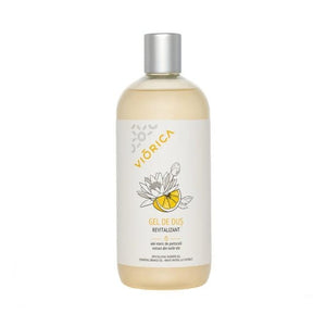 Sticlă de gel de duș revitalizant Viorica, etichetă albă, desen cu portocală și nufăr.