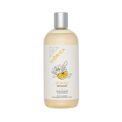 Sticlă de gel de duș revitalizant Viorica, etichetă albă, desen cu portocală și nufăr.
