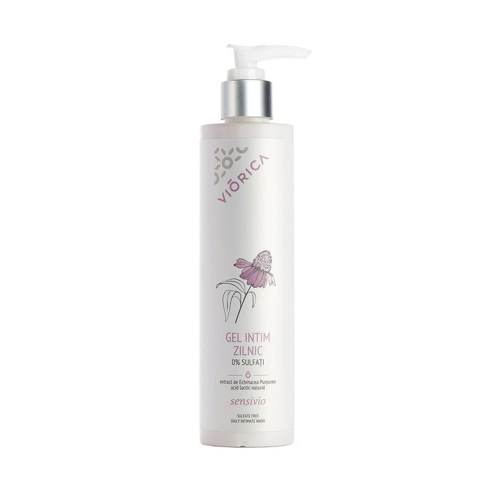 Gel Intim Zilnic Viorica Sensivio, extract Echinacea, acid lactic, flacon alb cu pompiță argintie, design floral.