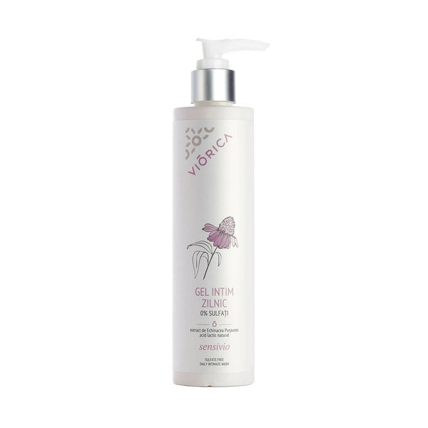 Gel Intim Zilnic Viorica Sensivio, extract Echinacea, acid lactic, flacon alb cu pompiță argintie, design floral.