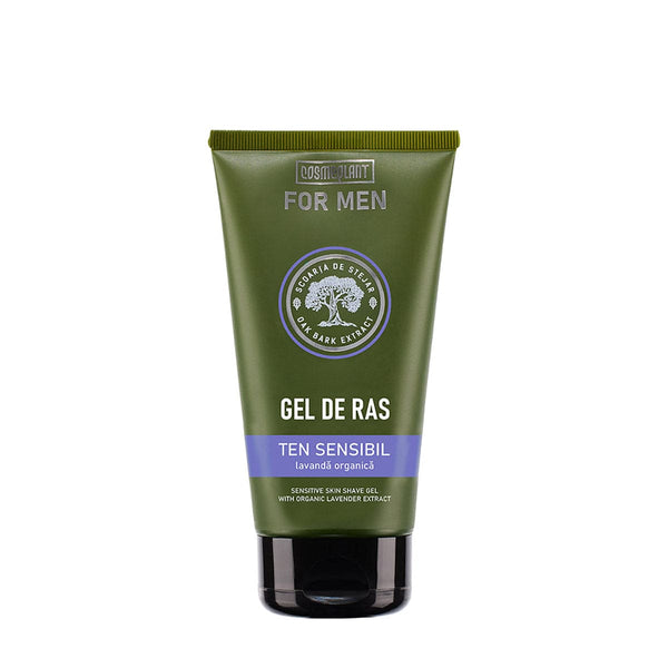 Gel de ras pentru ten sensibil For Men, scoarță de stejar și lavandă, ambalaj verde și negru.