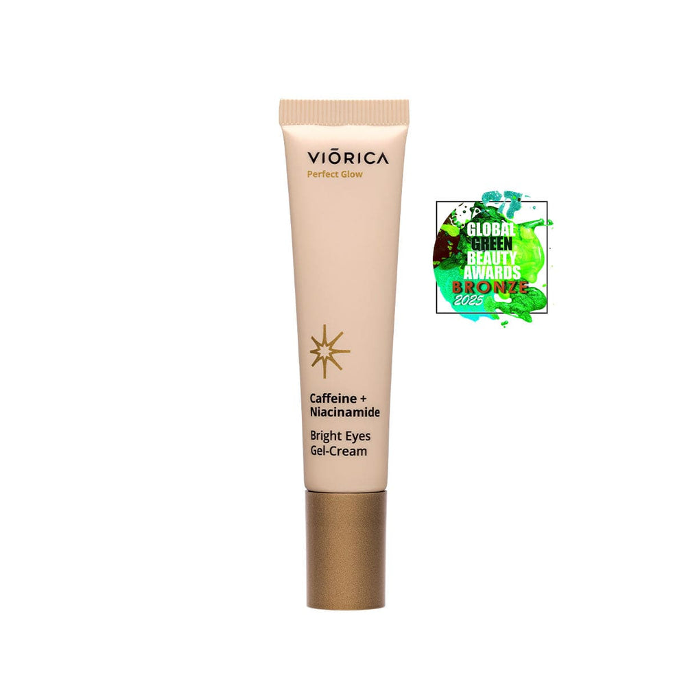 Gel-cremă contur ochi Cafeină Niacinamidă, tub cremă bej cu capac auriu, premiu bronz.