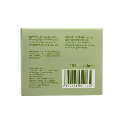 Hârtii matifiante cu ceai verde, ambalaj verde, granule naturale.