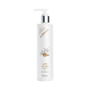 Lapte de corp nutritiv Viorica, flacon alb cu pompiță, ulei de migdale, etichetă elegantă.