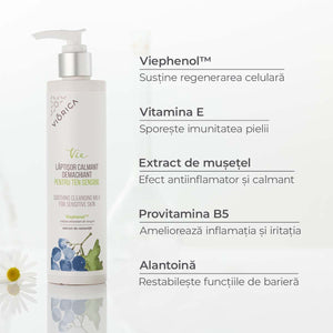 Lăptișor demachiant Viorica Vie, flacon alb cu pompă, ingrediente naturale și beneficii listate.