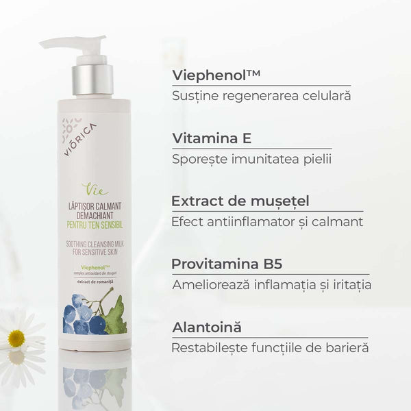 Lăptișor demachiant Viorica Vie, flacon alb cu pompă, ingrediente naturale și beneficii listate.