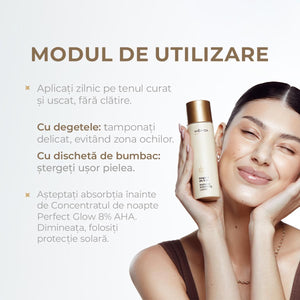Loțiune exfoliantă iluminantă, ghimbir și AHA 5%, detaliu textură cremă și etichetă elegantă pe fundal neutru.