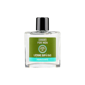 Loțiune după ras hidratantă For Men, extracte scoarță stejar, melisa organică, sticlă transparentă, etichetă verde.