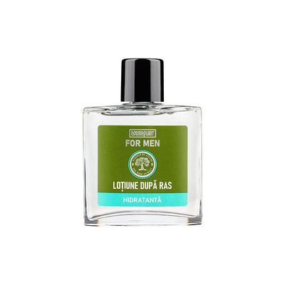Loțiune după ras hidratantă For Men, extracte scoarță stejar, melisa organică, sticlă transparentă, etichetă verde.