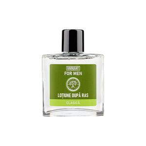 Loțiune după ras clasică For Men, sticlă transparentă cu etichetă verde.
