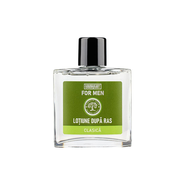 Loțiune după ras clasică For Men, sticlă transparentă cu etichetă verde.