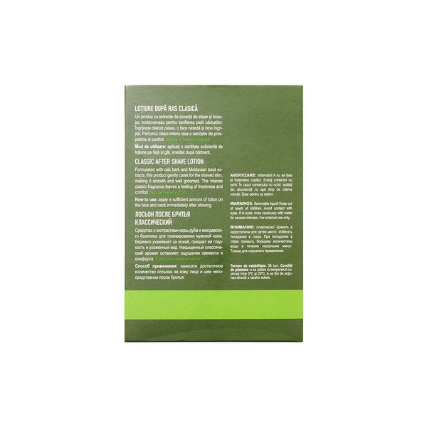 Cutie verde mat pentru Loțiune după ras clasică, For Men, cu text informativ în mai multe limbi.