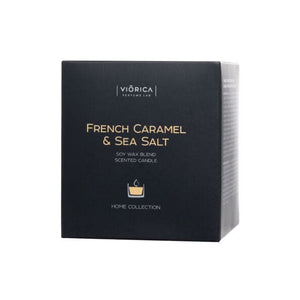 Cutie elegantă neagră pentru lumânare din ceară de soia, cu inscripție "Caramelă Franceză & Sare de Mare".