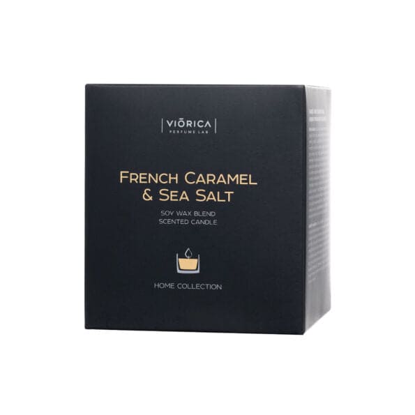 Cutie elegantă neagră pentru lumânare din ceară de soia, cu inscripție "Caramelă Franceză & Sare de Mare".