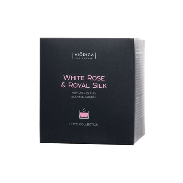 Cutie neagră eleganta cu lumânare parfumată “Trandafir Alb & Mătase Regală” din ceară de soia.