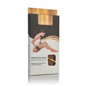 Mănușă masaj urzită din păr natural de cal, ambalaj elegant negru-auriu.