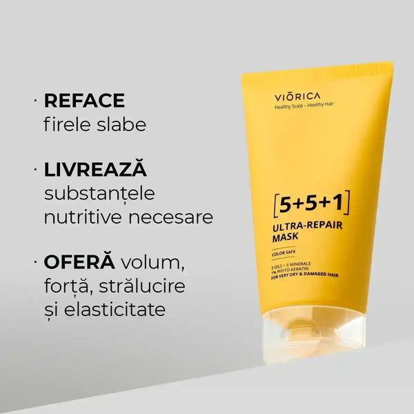 Masca Viorica 5+5+1 pentru păr deteriorat, tub galben, reface și hrănește fibra capilară.