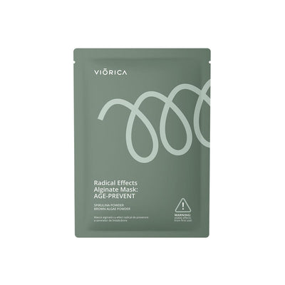 Mască alginată anti-îmbătrânire cu pudră de spirulină și alge brune, ambalaj verde.