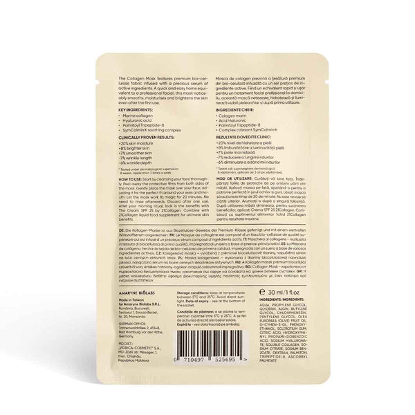 Ambalaj crem cu text inscripționat, detalii ingrediente masca de față cu colagen, 21Collagen, 30 ml.